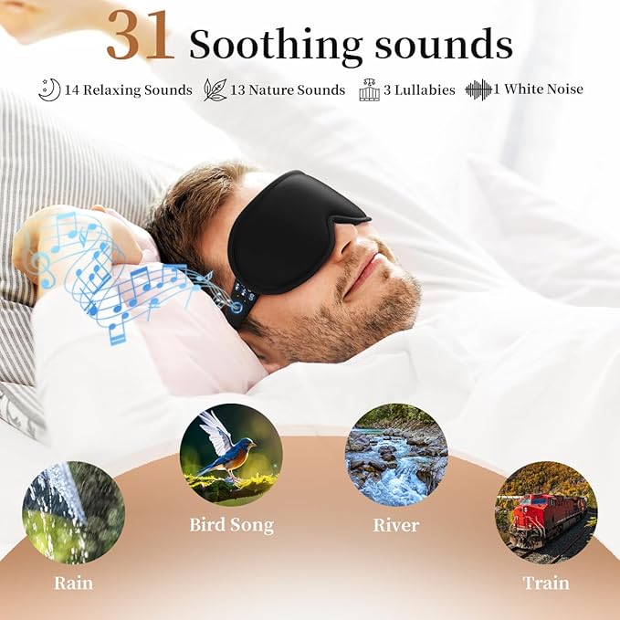 Easysleep 3D Sleep Mask Sleep Headphones White Noise Sleep Eye Mask with 31 Soothing Sounds 3 Timer Soft Adjustable Light Blocking Long Playtime Eye Cover for Sleeper Men Women Travel Gift