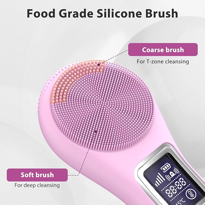 Face Scrubber Facial Cleansing Brush, Electric Silicone Sonic Face Brush with LCD Screen, Rechargeable, Waterproof, for Deep Cleansing,Thermal Massager Skin Care Routine Men Women