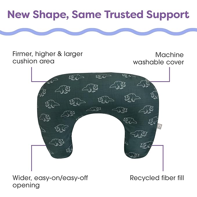 Boppy Nursing Pillow, Forest Green Dinos, Larger, More Supportive Pillow for Breastfeeding and Bottle Feeding; Firmer Fill, Higher Lift, Larger Area Than Original Nursing Pillow; JPMA Certified