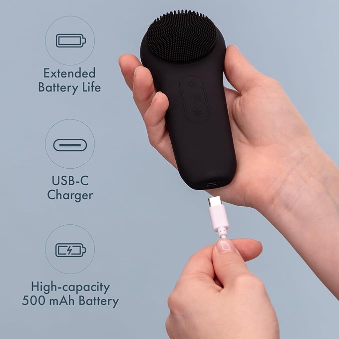 Facial Cleansing Brush, Rechargeable Electric Face Scrubber, Waterproof Silicone Face Brush Cleanser w/Fast USB-C Charger, Massaging & Exfoliating Face Wash Brush for Men & Women (Black)