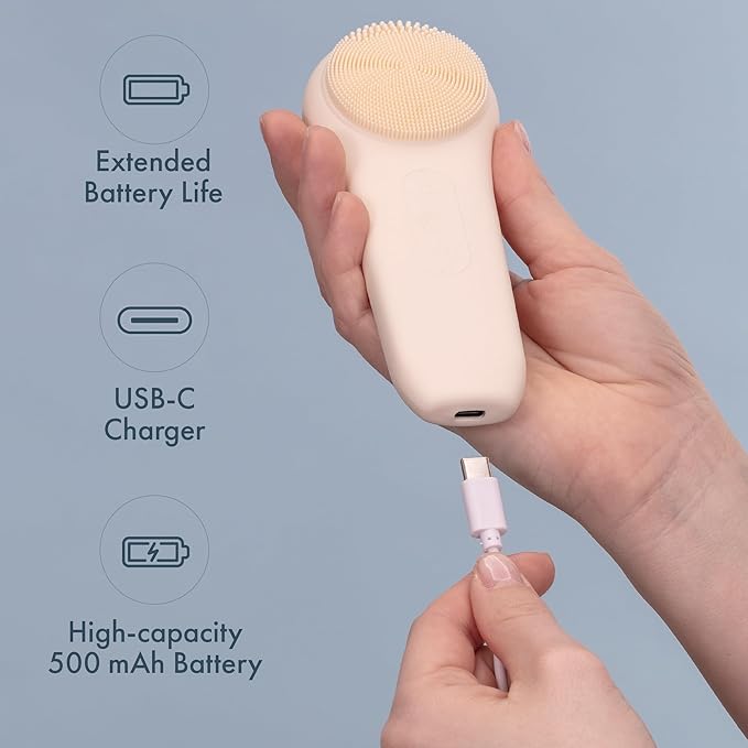 Facial Cleansing Brush, Rechargeable Electric Face Scrubber, Waterproof Silicone Face Brush Cleanser w/Fast USB-C Charger, Massaging & Exfoliating Face Wash Brush for Men & Women (Beige)