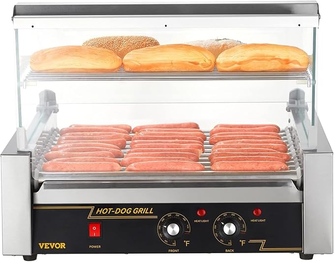 VEVOR Hot Dog Roller, 11 Rollers 30 Hot Dogs Capacity, 1650W Stainless Sausage Grill Cooker Machine with Dual Temp Control Glass Hood Acrylic Cover Bun Warmer Shelf Removable Drip Tray, ETL Certified