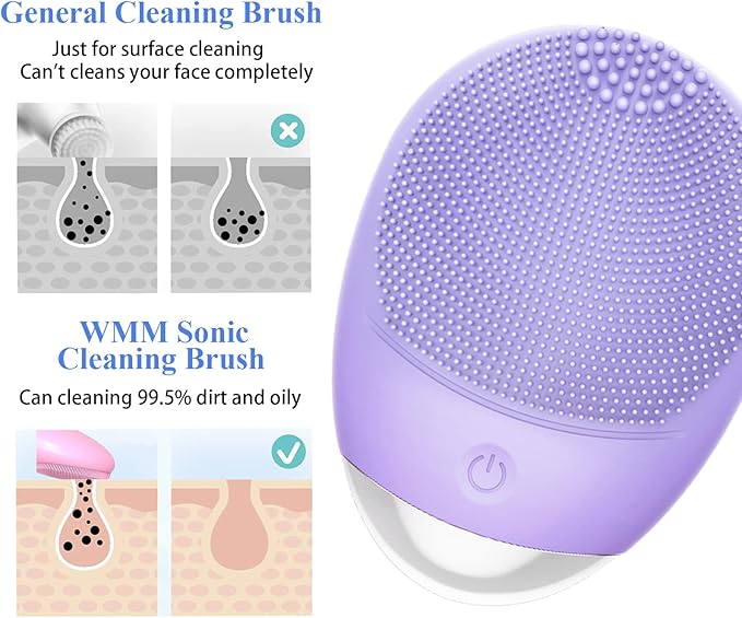 Facial Cleansing Brush, 3-in-1 Electric Soft Silicone Waterproof Face Scrubber, USB Rechargeable IPX7 Waterproof Sonic Vibrating Face Brush for Deep Cleansing, Gentle Exfoliating and Massaging