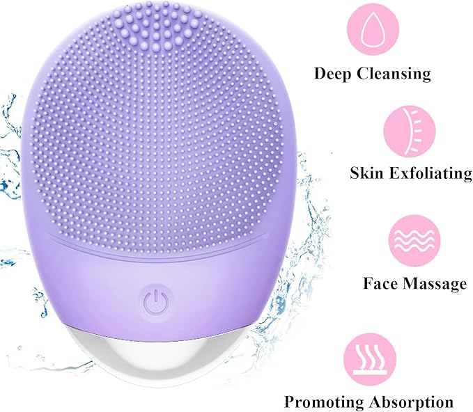 Facial Cleansing Brush, 3-in-1 Electric Soft Silicone Waterproof Face Scrubber, USB Rechargeable IPX7 Waterproof Sonic Vibrating Face Brush for Deep Cleansing, Gentle Exfoliating and Massaging