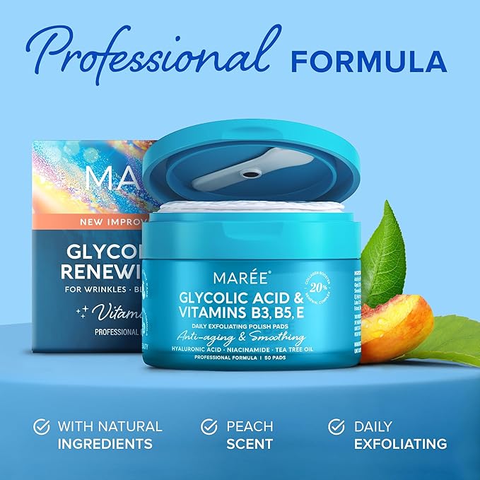 MAREE Glycolic Acid Pads 2 PACK - Toner Pads for Face Cleansing - Tea Tree Oil, Salicylic Acid & Vitamins E, B3, B5 - Facial Peel & Radiance Deep Cleaning Effect