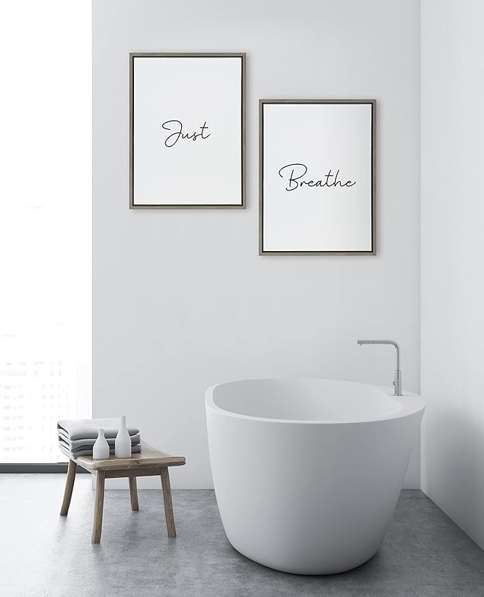 Kate and Laurel Sylvie Just Breath Black and White Framed Canvas Wall Art by The Creative Bunch Studio, 2 Piece 18x24 Gray, Simple Motivational Art Set, Self Care Wall Décor