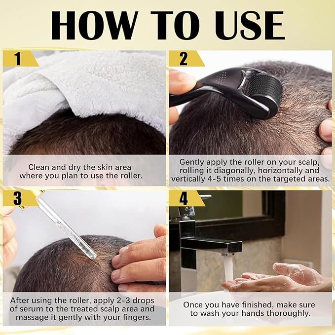 Hair Growth Oil and Derma Roller 0.25mm Scalp Kit, Natural Serum With Biotin, Microneedle Beard Roller for Thicker Longer Fuller Hair and Beard - 2.02 Oz