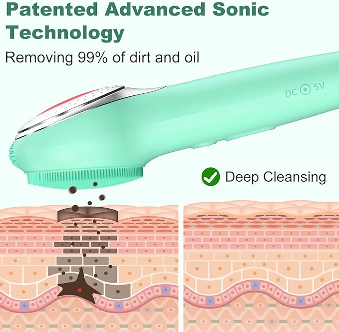 Facial Cleansing Brush, Silicone Electric Face Scrubber Waterproof Sonic Vibration Face Cleanser Brush for Men Women, Rechargeable Face Brushes with Nose Scrub Brush Exfoliating Massaging(Green)