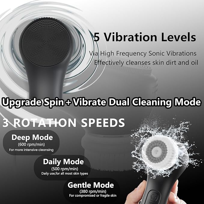 Vibrating and Rotating Face Scrubber, Waterproof Rechargeable Facial Cleansing Brush, 8 Modes Face Brush for Exfoliating and Massaging, for Removing Blackhead（Matte Black）