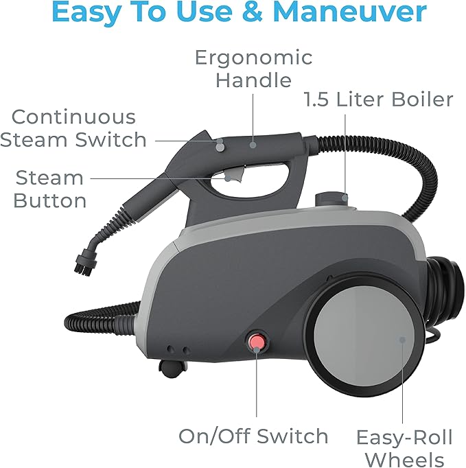 Pure Enrichment PureClean Steam Cleaner with 17 Accessories, Multi-Purpose Household Rolling Steamer for Chemical-Free Deep Cleaning of Floors, Upholstery, Windows, Grout, Grills, Cars, and More