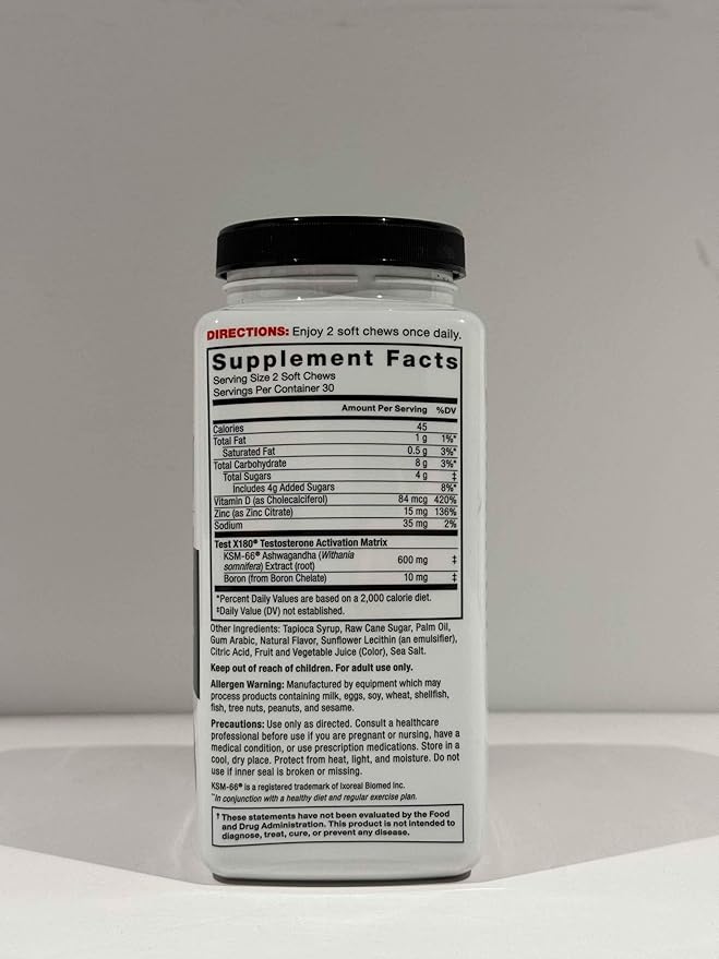 FORCE FACTOR Test X180, Testosterone Support for Men with Clinically Studied KSM-66 Ashwagandha, Boron, Vitamin D & Zinc, Support Testosterone & Performance, Berry Blast, 60 Soft Chews
