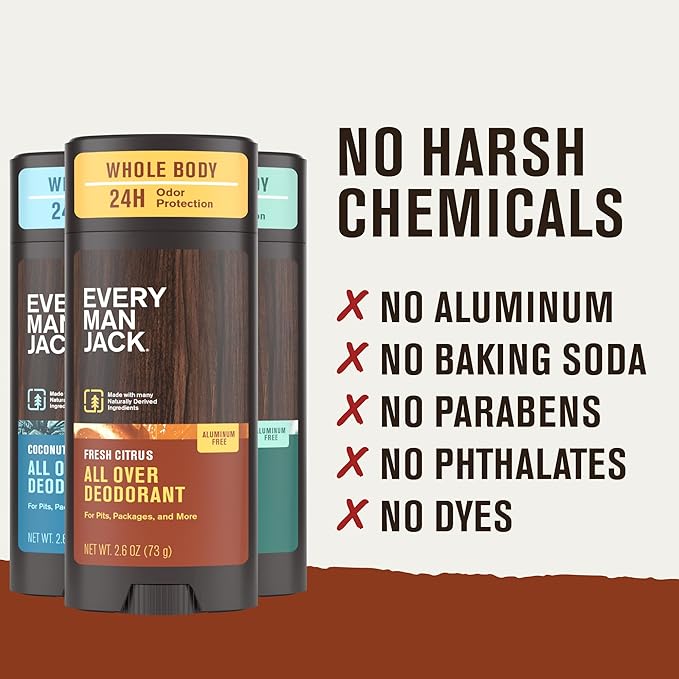 Every Man Jack All Over Deodorant Variety Pack - 24 Hour Whole Body Odor Protection - Aluminum Free - 1 Each of Fresh Citrus, Coastal Surf, and Coconut Vanilla Scents - 2.6 oz (3 Pack)