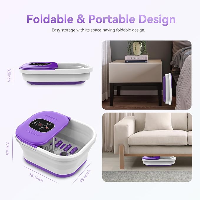 Foot Spa Bath Massager with Heat, Collapsible Foot Massager Spa Soaking Tub with Bubbles, Red Light, Pumice Stone, Shiatsu Massage Rollers, Pedicure Foot Spa for Relaxation, Gifts(Purple)