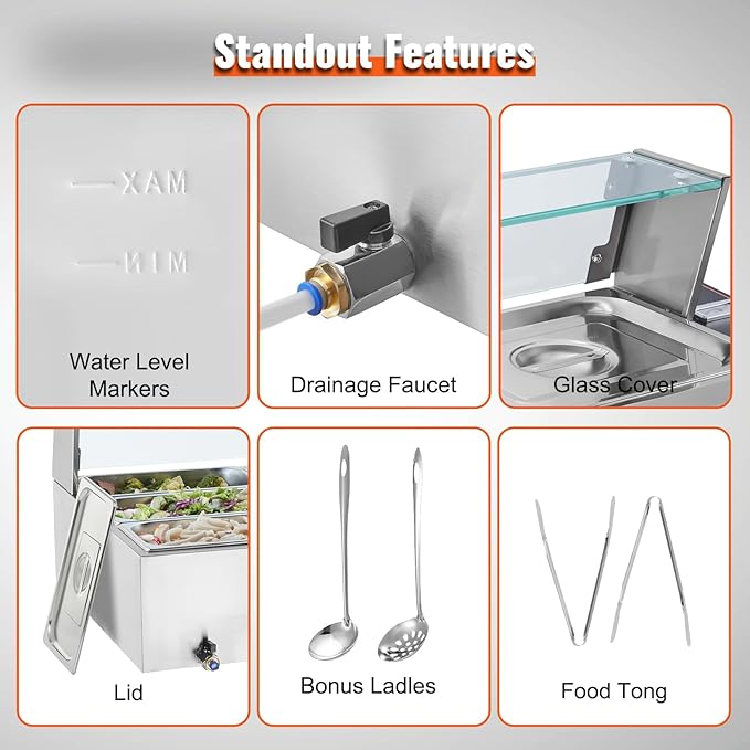 VEVOR 9-Pan Commercial Food Warmer, 9 x 8QT Electric Steam Table with Glass Cover, 1500W Countertop Stainless Steel Buffet Bain Marie 86-185°F Temp Control for Catering, Restaurants, Silver