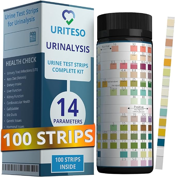 14 Parameter Full Panel Urine Test Strips for Urinalysis | 100 Strips - Testing Kit for Kidney, Liver, UTI, Keto Diet, Ketosis, Hydration, Proteinuria - RBC, PRO, BIL, PH, SGR, CRE, KET, SG +6 More