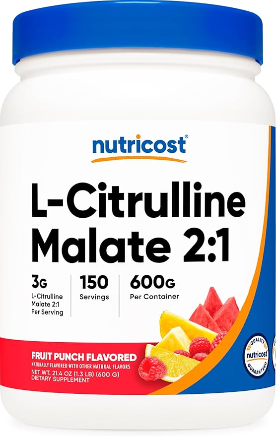 Nutricost L-Citrulline Malate 2:1 (600g) Fruit Punch - Workout Support, Muscle Performance, Nitric Oxide Booster - Fitness Supplement Powder, 75 Servings