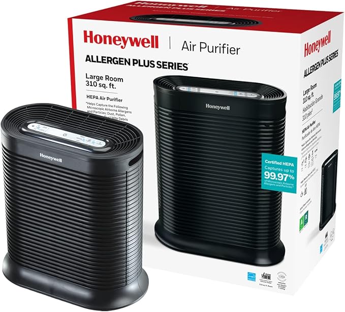 Honeywell AllergenPlus HEPA Air Purifier, Airborne Allergen Reducer for Large Rooms, Reduces Allergens, Smoke, Wildfire Smoke, Pollen, Pet Dander and More, Black, HPA200