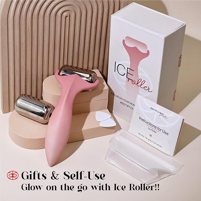 Rena Chris Ice Roller for Face & Body - 2 Stainless Steel Roller-Heads for Extended Cooling, Ice Face Roller for Clear Skin and Puffiness Relief - Face Massage Skin Care Roller