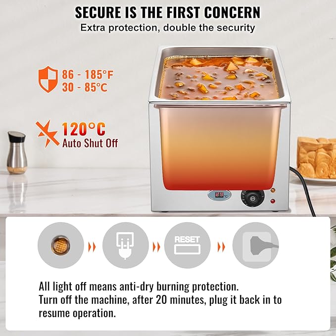 VEVOR Commercial Food Warmer 24QT Bain Marie 1200W Electric Buffet Steam Table - Countertop Stainless Steel for Wet or Dry Use - Parties, Catering and Restaurant