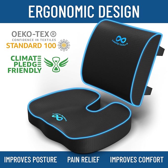 Everlasting Comfort Gel Infused Lumbar Support Pillow with Seat Bundle for Car - Car Seat Cushions for Driving, Work- Designed for Comfort