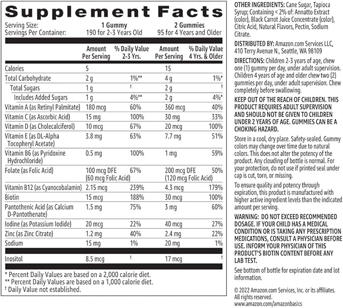 Amazon Basics Kids' Multivitamin Gummies, Orange, Cherry & Strawberry, 190 Count (Previously Solimo)
