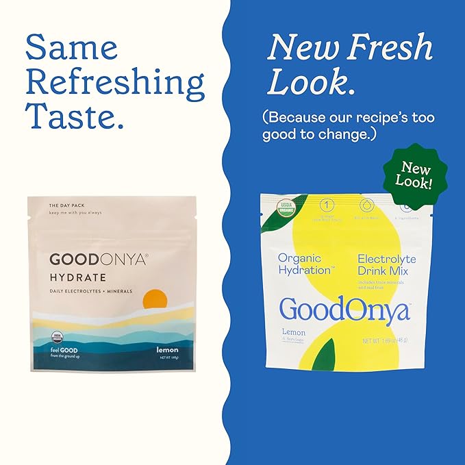 GOODONYA Organic Hydration Electrolyte Drink Mix, Certified Organic Hydration Powder, Non-GMO, Biochecked Glyphosate Free, Low Sugar, Lemonade Flavor, No Artificial Flavors, 6 Servings