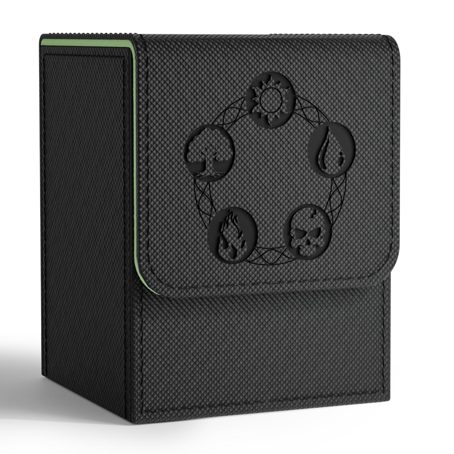 ZLCA Card Deck Box for Trading Cards with 2 Dividers, Card Storage Box Fits 100+ Single Sleeved Cards, PU Leather Strong Magnet Card Deck Case Holder for Magic Commander TCG CCG (Black&Green)