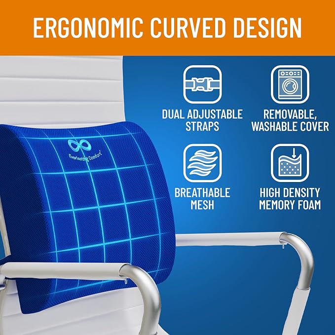 Everlasting Comfort Lumbar Support Pillow for Car Seat - Memory Foam Back Cushion for Car - Lumbar Pillow Promotes Better Posture, Back Pain Relief - Ideal for Driving