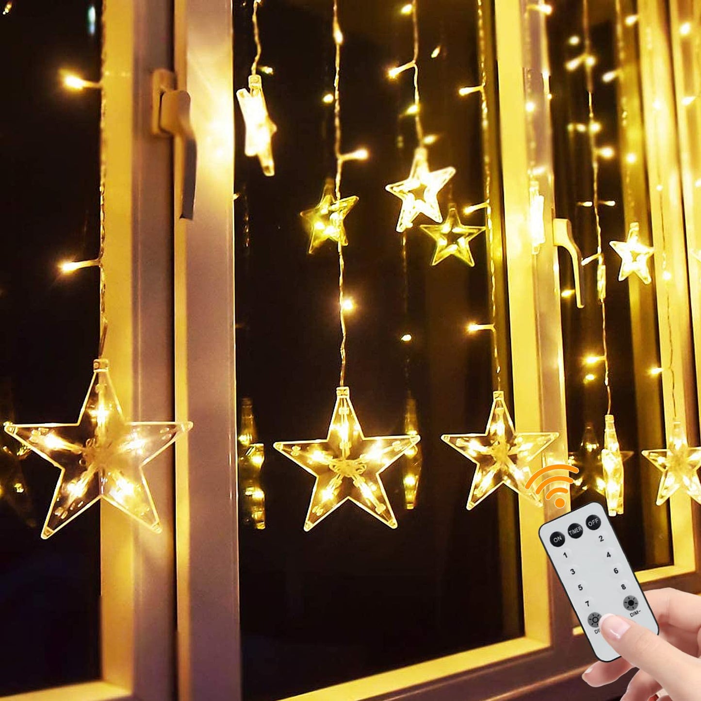 TOFU Star Curtain Lights, 108 Led 12 Stars Remote Window Curtain String Lights Plug in with 8 Flashing Modes Decoration for Christmas, Wedding, Bedroom, Party, Birthday, 7.3ft W, 3.3ft H, Warm White