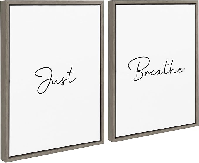 Kate and Laurel Sylvie Just Breath Black and White Framed Canvas Wall Art by The Creative Bunch Studio, 2 Piece 18x24 Gray, Simple Motivational Art Set, Self Care Wall Décor