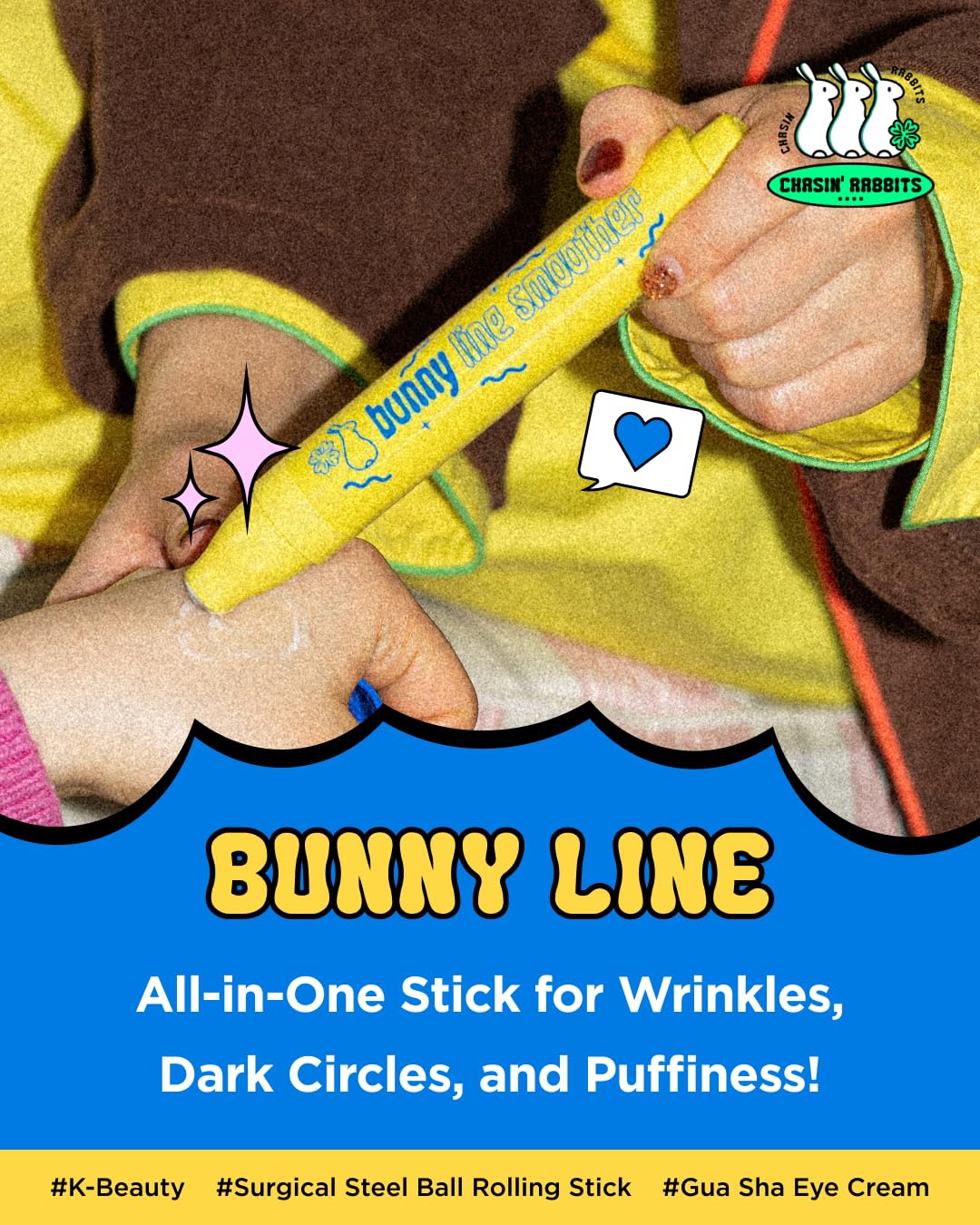 CHASIN' RABBITS Bunny Line Smoother Eye Cream Roller, 0.5 Fl Oz, Eye Serum with Surgical Steel Cooling Stick, Adenosine, Niacinamide, Dark Circles, Fine Lines, Under Eye, Vegan, Korean Skin Care
