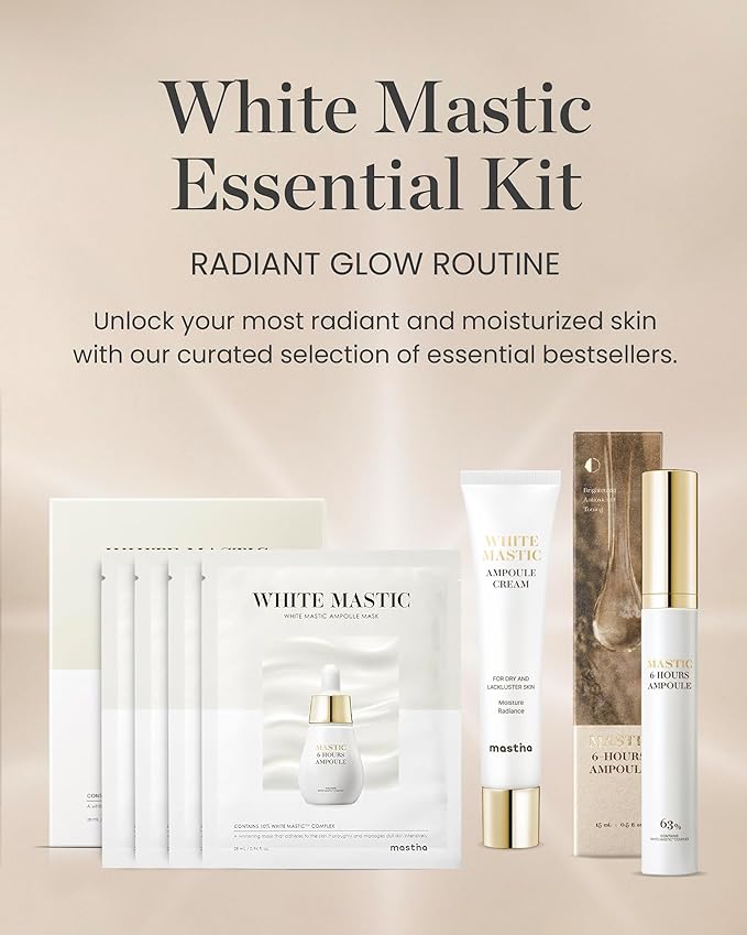 MASTINA White Mastic Essential Skin Care Set- Cream, Ampoule Massager Roller Stick & Sheet Mask Set for Skin Care. Korean Skin Care. Vegan Collagen, Beta-Glucan