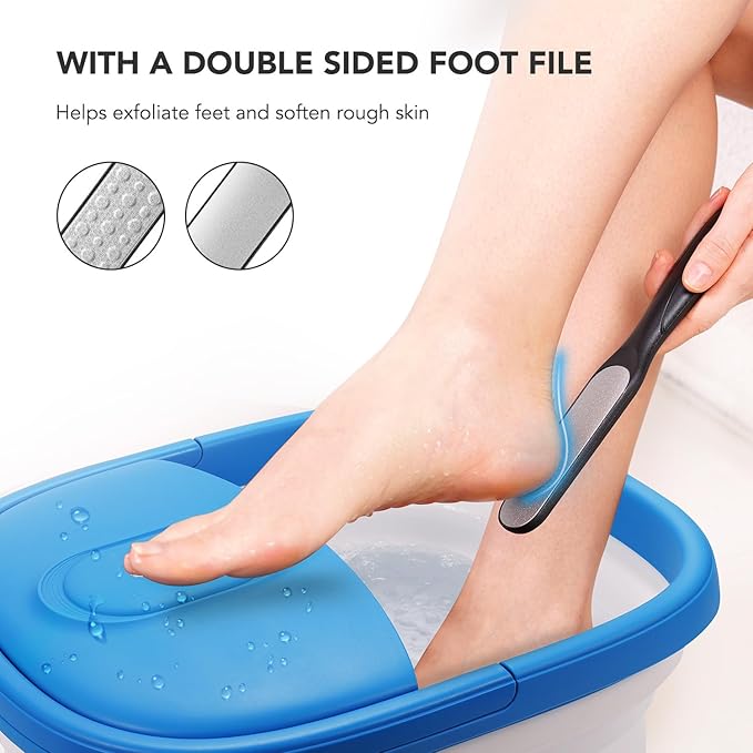 Collapsible Foot Spa Bath Massager with Heat-Maintaining, Bubbles, Red Light, 8 Shiatsu Massage Rollers, A Double-Sided Foot File for Stress Relief & Soft Feet, Space-Saving Feet Soaker, Blue