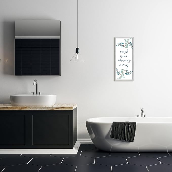 Stupell Industries Wash Your Worries Away Bathroom Phrase Blue Plants, Designed by Kim Allen Gray Framed Wall Art, 10 x 24