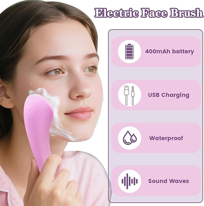 Facial Cleansing Brush, 2 in 1 Silicone Face Scrubber with Heat Massage End，Rechargeable Facial Exfoliation Brush, Waterproof Facial Scrubber for Deep Cleansing, Electric Face Brush for Women (Pink)