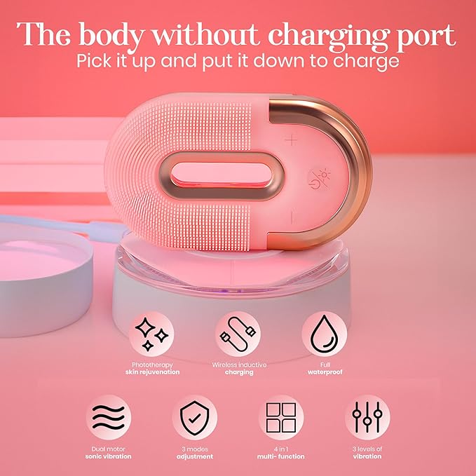 Electric Facial Cleansing Brush- 3 in 1 Multifunctional Face Cleanser Brush, Exfoliator & Massager - Vibrating Face Scrubber- Face Wash Brush with Wireless Charger, Pink