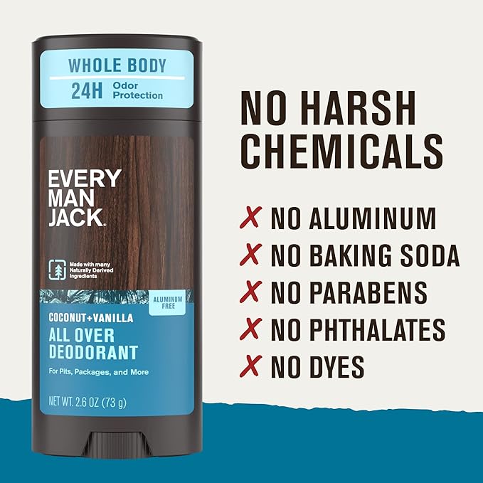 Every Man Jack All Over Deodorant - 24 Hour Whole Body Odor Protection - Aluminum Free - Coconut + Vanilla Scent 2.6 oz (1 Pack)