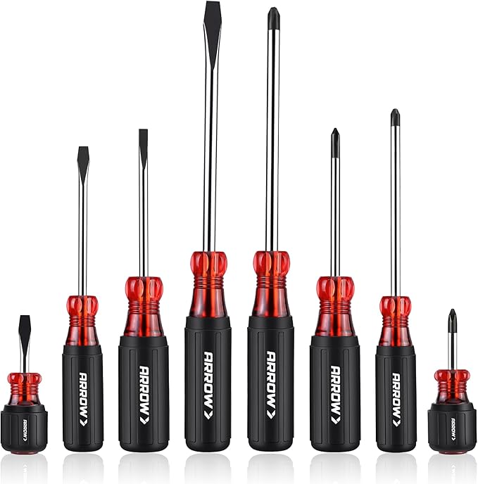 ARROW 8 PCS Magnetic Screwdriver Set, Professional S2 Steel Screw Driver Kit with Non-Slip Cushion Grip, Stubby Screwdrivers, Magnetic Phillips and Flathead Tips, for Home and Industrial Use