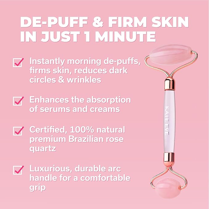 Kate Eve Rose Quartz Roller & Gua Sha Tool | 100% Natural Crystal Facial Massager for All Skin Types | Anti-Aging, Skincare Routine Essential, Reduces Puffiness & Firms Skin