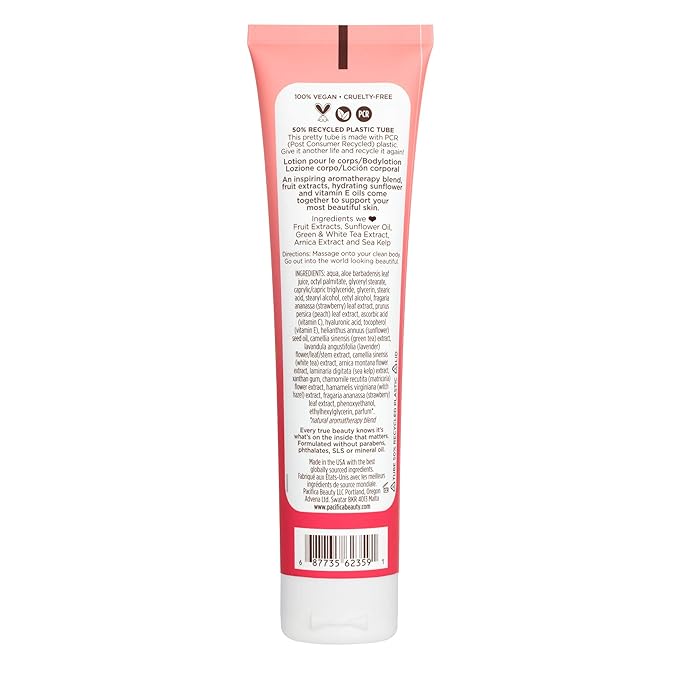 Pacifica Body Lotion – Strawberry Peach Hydrating Body Moisturizer Cream Hand Moisturizer w/Hyaluronic Acid, Lightweight, Clean Vegan & Cruelty-Free Dermatologist Tested, 5 fl oz