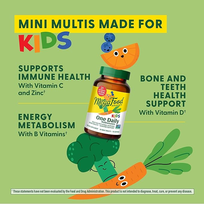MegaFood Kids One Daily Multivitamin - Convenient Mini Multivitamin for Kids - with Zinc, Vitamins C, B & D - Vegetarian, Gluten Free, Non GMO - 30 Tablets, 30 Servings
