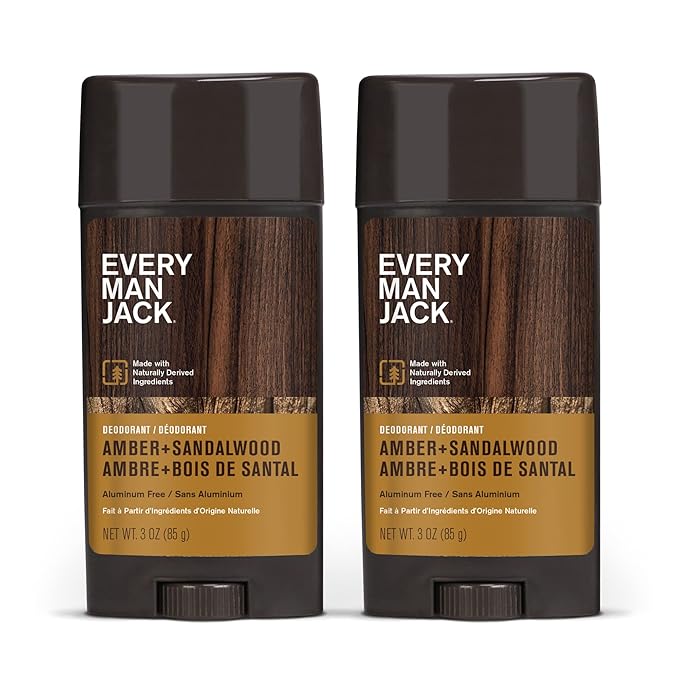 Every Man Jack Amber + Sandalwood Men’s Deodorant - Stay Fresh with Aluminum Free Deodorant For all Skin Types - Odor Crushing, Long Lasting, with Naturally Derived Ingredients - 3oz (2 Pack)
