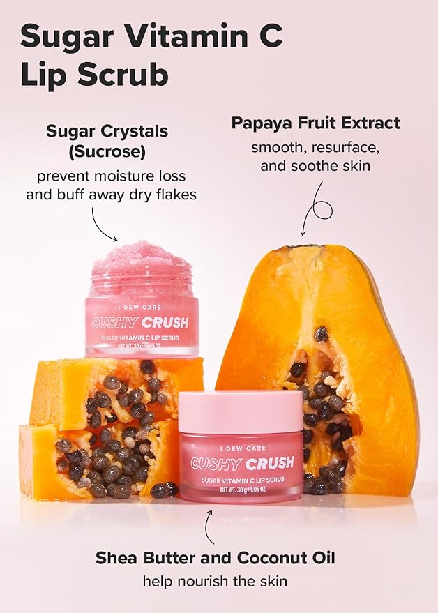 I DEW CARE Overnight Lip Scrub - Cushy Crush | Sugar Vitamin C, Scrubber Exfoliator Products, for Dry and Chapped, Vegan 1.05 Oz