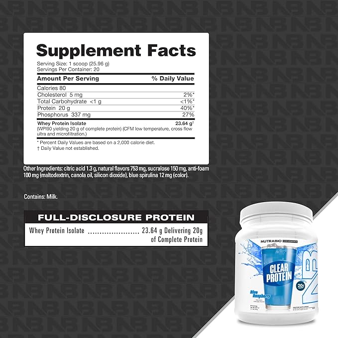 NutraBio Clear Protein Powder, Delicious & Refreshing Fruit Flavors, Protein Juice, No Milky Taste, No Foam, Zero Sugar, Blue Raspberry, 20 Servings