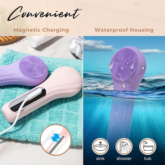 Pulsating Facial Cleansing Brush. Silicone Face Brush | Removes Dirt, Oil & Makeup | Combines Gentle Exfoliation & Deep Cleansing for Radiant Glow | Waterproof & Rechargeable (Purple)