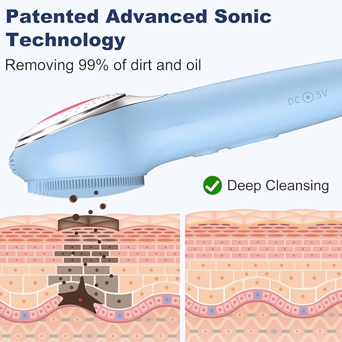 Facial Cleansing Brush, Silicone Electric Face Scrubber Waterproof Sonic Vibration Face Cleanser Brush for Men Women, Rechargeable Face Brushes with Nose Scrub Brush Exfoliating Massaging(Blue)