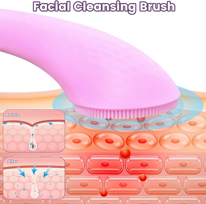 Facial Cleansing Brush, 2 in 1 Silicone Face Scrubber with Heat Massage End，Rechargeable Facial Exfoliation Brush, Waterproof Facial Scrubber for Deep Cleansing, Electric Face Brush for Women (Pink)