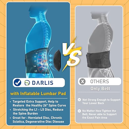 DARLIS Back Brace with Inflatable Lumbar Pad - Extra Support More Effectively Relieve Herniated Disc, Sciatica, Lower Back Pain - Back Support Belt for Men Women Sedentary Pain Relief L/XL 39"- 48"
