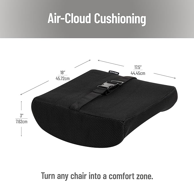 Mind Reader Lumbar Support Cushion for Office Chair and Car Seat, Memory Foam, Air-Cloud Technology, Posture Corrector, Versatile Lower Back Cushion, 13.5"L x 4"W x 12.25"H, Black