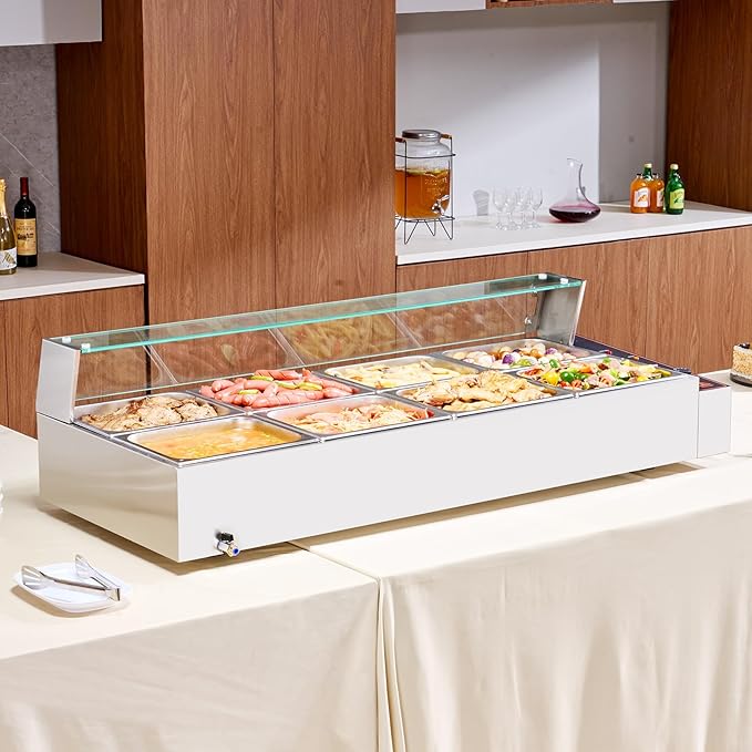 VEVOR 8-Pan Commercial Food Warmer, 8 x 12QT Electric Steam Table with Glass Cover, 1700W Countertop Stainless Steel Buffet Bain Marie 86-185°F Temp Control for Catering, Restaurants, Silver